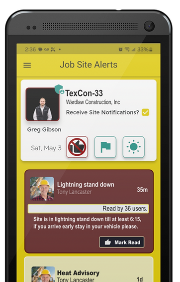 Job Site Alerts mobile app shown on a phone